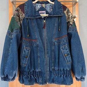 Vintage 80s Current Seen Denim Jacket Floral Patchwork Lined Size L